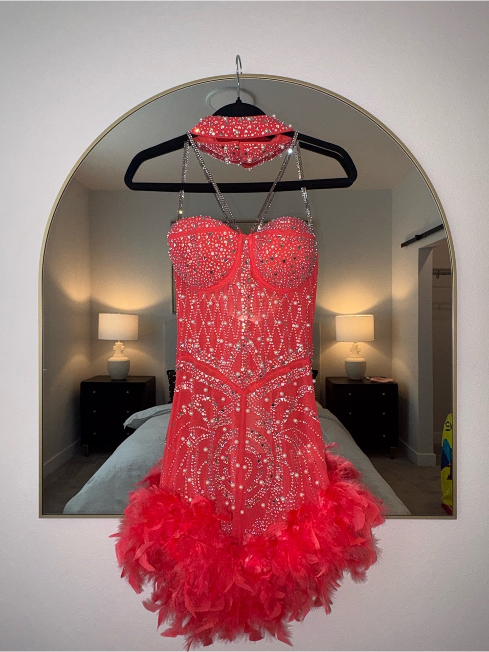 Embellished Neon Coral Feather-Hem Mini Dress with Rhinestone Detail